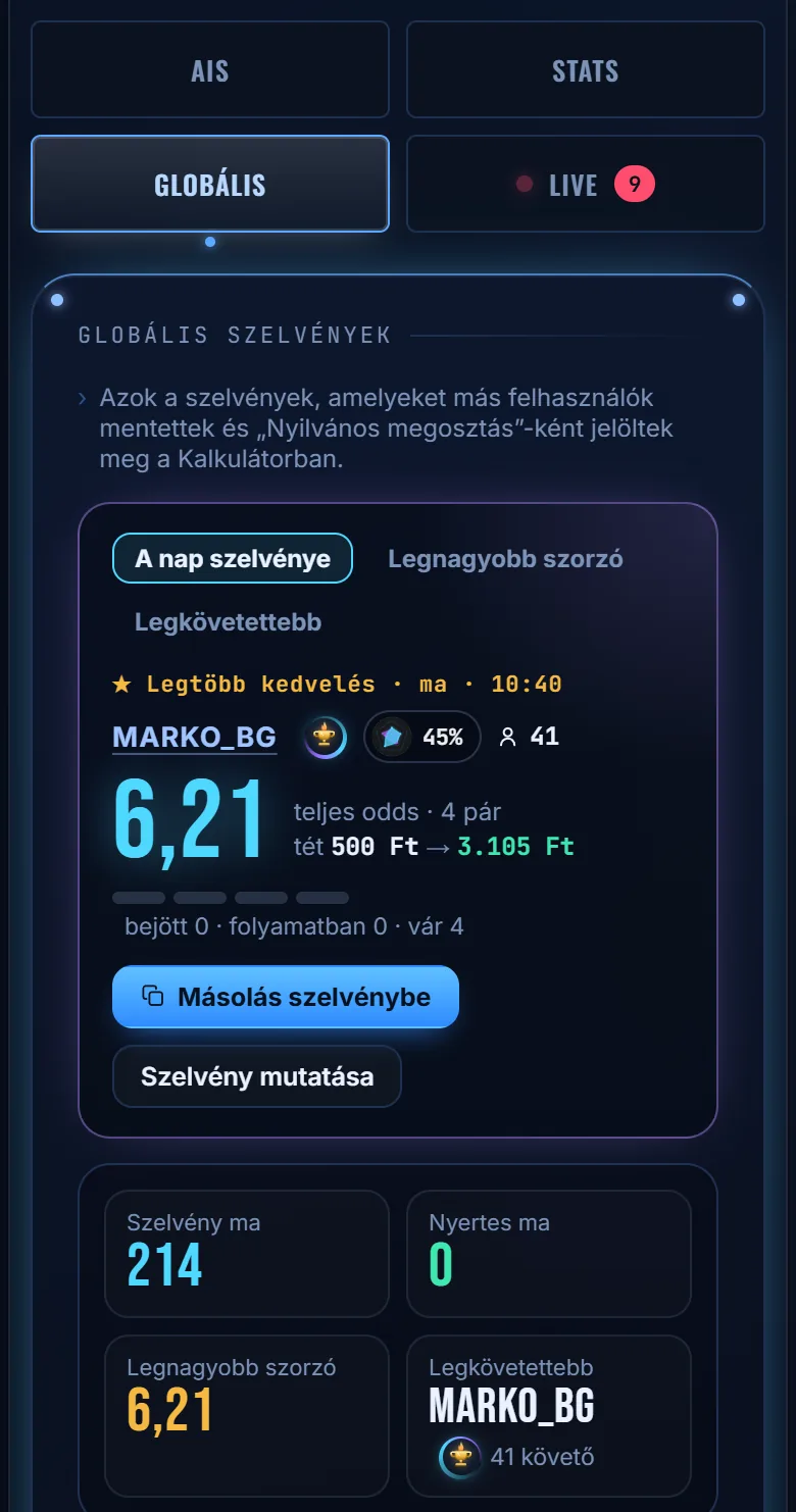 A nap szelvénye a StatsAI oldalon: Globális fül a nap szelvényével, a legnagyobb oddsszal és más játékosok szelvényeivel